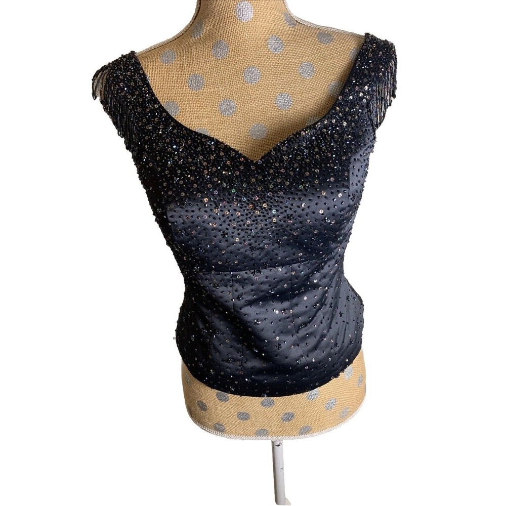 Vintage Y2K Black Satin Beaded Corset Top Lace Up Back Whimsygoth Fairycore Smal
